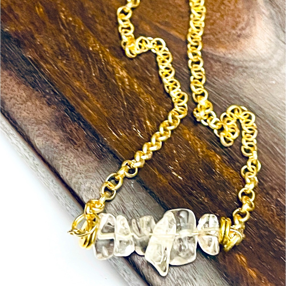 Genuine clear Quartz  Nugget Bar Necklace gold chain